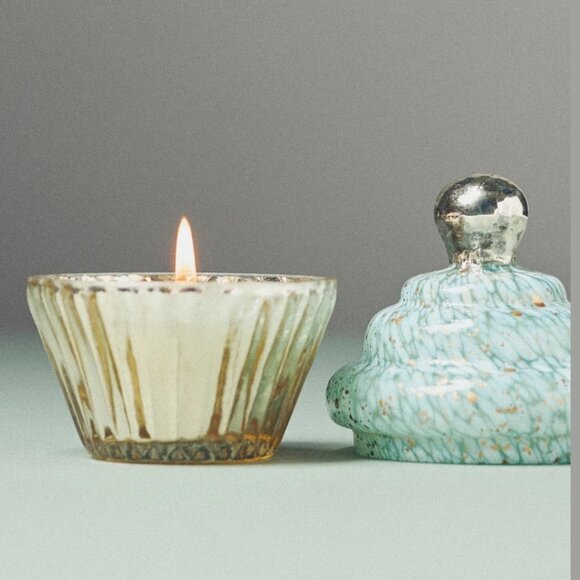 NEW Cupcake Gourmand Cashmere & Coconut Glass Candle by Anthropologie, Blue/Gold - Picture 2 of 3